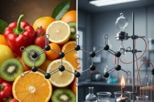 صورة مقارنة تظهر جزيء فيتامين سي، نصفه محاط بالفواكه (طبيعي) والنصف الآخر بمعدات مختبر (صناعي)، مع التأكيد على تطابق التركيب