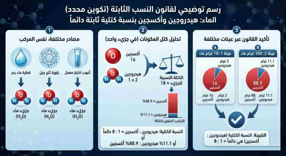 رسم توضيحي لقانون النسب الثابتة يوضح أن الماء يتكون دائمًا من هيدروجين وأكسجين بنسبة كتلية ثابتة
